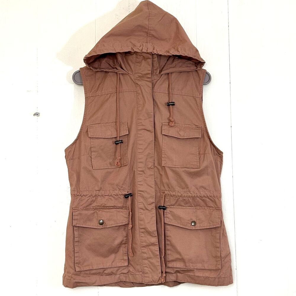 Love Tree Women's Vest Size L Light Brown Snap Front with Hood Drawstring Vest